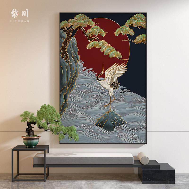 新中式高档禅意松树仙鹤中国风样板间客厅装饰画玄关壁画竖版挂画