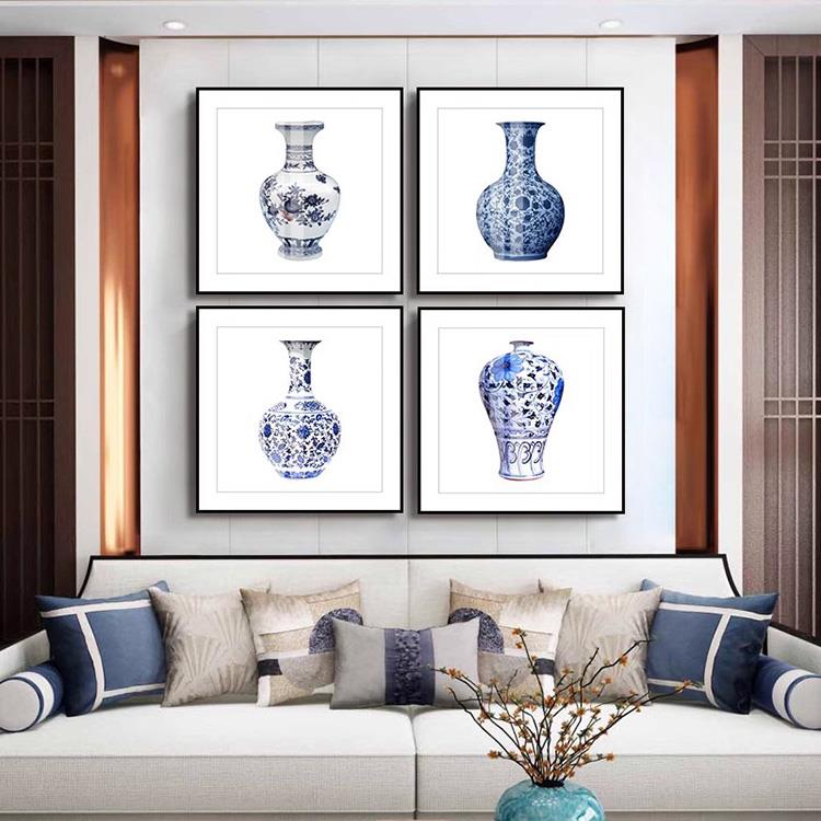 新中式客厅茶室装饰画中国风斗方壁画酒店会所过道青花瓷陶瓷挂画图片