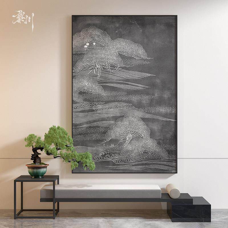 新中式灰色山水松树基里中国风轻奢客厅装饰画玄关壁画竖版挂画