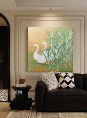 中古风白色鸭子手绘油画餐厅客厅装饰画绿植动物进门入户玄关挂画