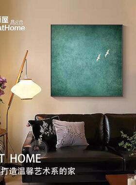 现代中古风装饰画蓝色极简抽象留白飞鸟客厅玄关背景壁画方形挂画