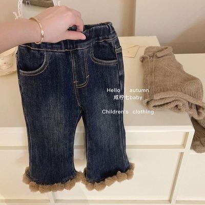 女童一体绒裤子秋冬装2025新款韩版宝宝喇叭裤加绒加厚儿童牛仔裤