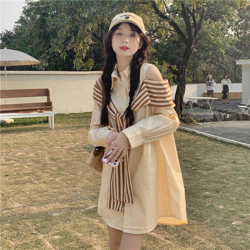 设计感露肩polo领衬衫连衣裙女装秋季小个子艺术感别致小众短裙子
