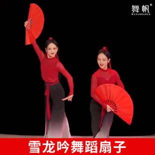 雪龙吟舞蹈扇子红扇子中国风太极功夫扇红扇子塑骨专用表演折扇