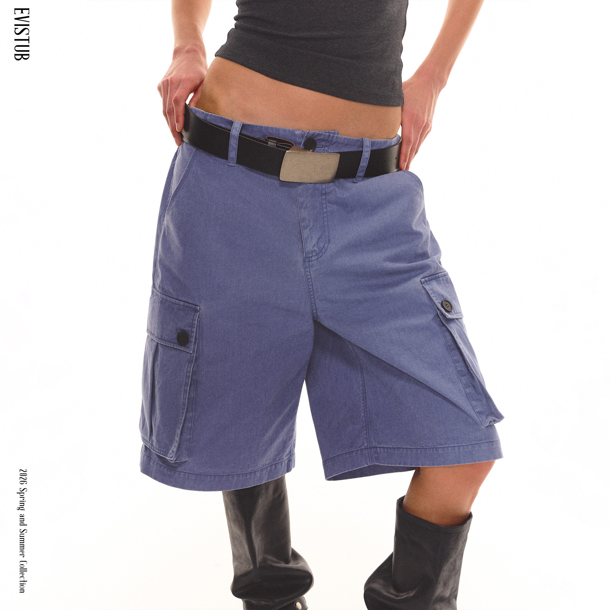 EVISTUB * 做旧工装中裤 * 100%棉洗水复古法工蓝宽松口袋工装裤