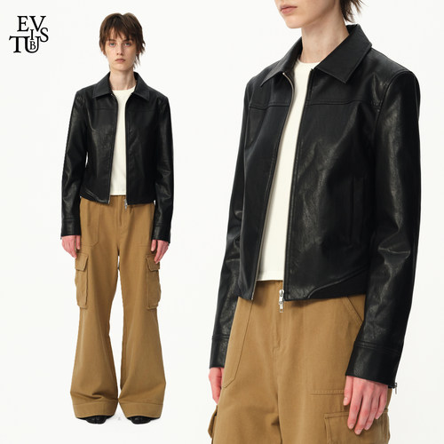 EVISTUB复古机车正肩翻领皮衣女
