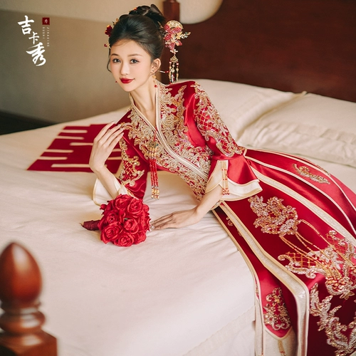 Традиционный свадебный наряд Сюхэ, свадебное платье, вечернее платье для невесты, V-образный вырез, китайский стиль, подходит для подростков