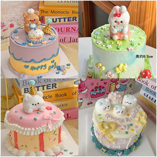 情人节奶油熊线条狗卡通兔蛋糕装饰成品蛋白糖霜摆件黄油熊可食用