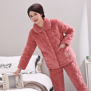 睡衣女中老年妈妈款 秋冬季 珊瑚绒加绒加厚三层夹棉保暖家居服套装