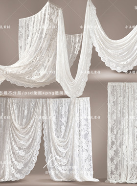 梦幻风白色蕾丝褶皱布幔婚礼甜品桌效果图psd手绘素材