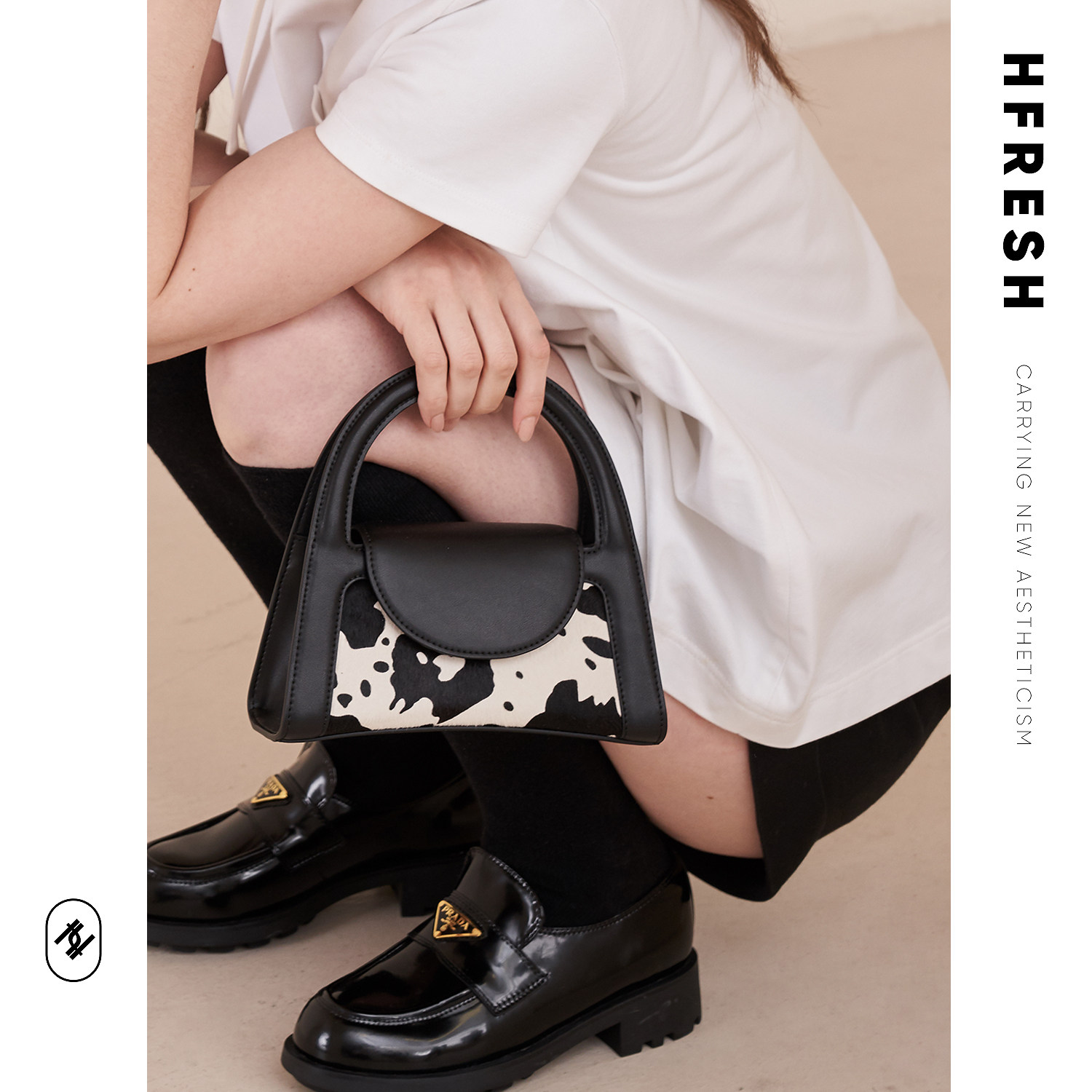 HFresh小众链条手提沙漏包包女包新款2021真皮拼色奶牛单肩斜挎包