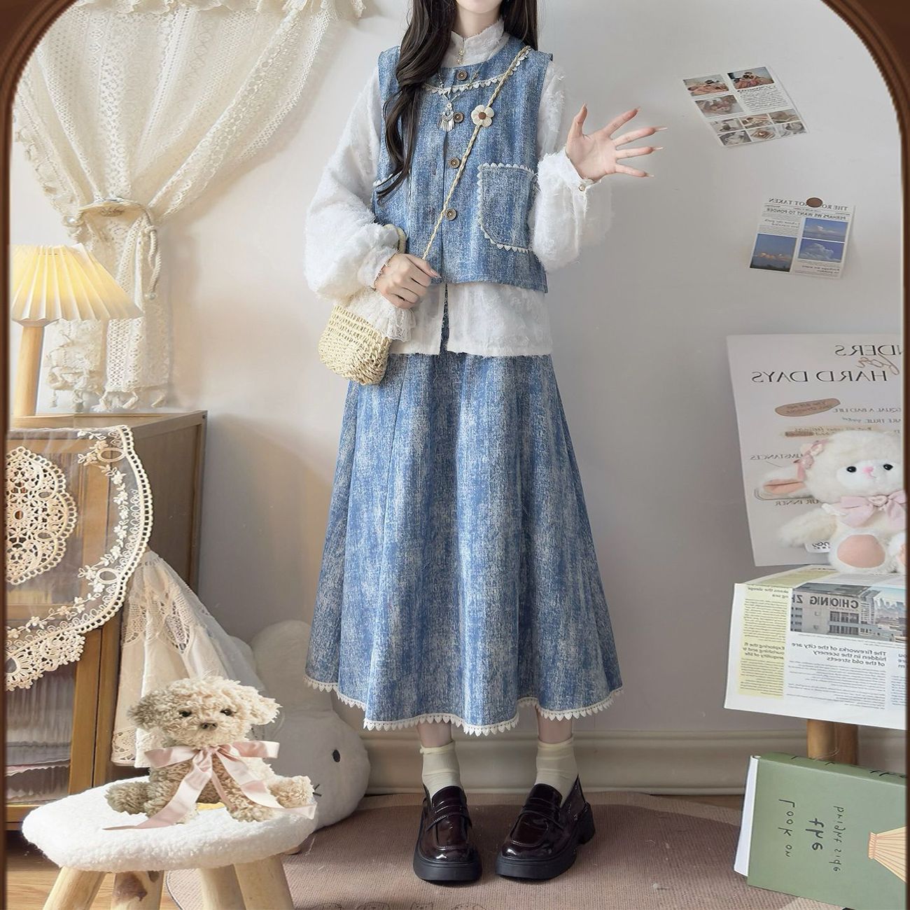 蓝色小清新牛仔提花套装裙女春秋新款设计感马甲半身裙三件套