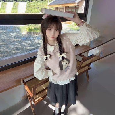 日系甜美学院风粉色蝴蝶两件套