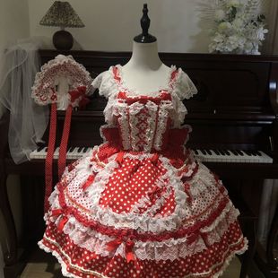 渔老板原创现货棉花糖2.0红色波点可爱jsk连衣裙(包括围裙bnt拖尾