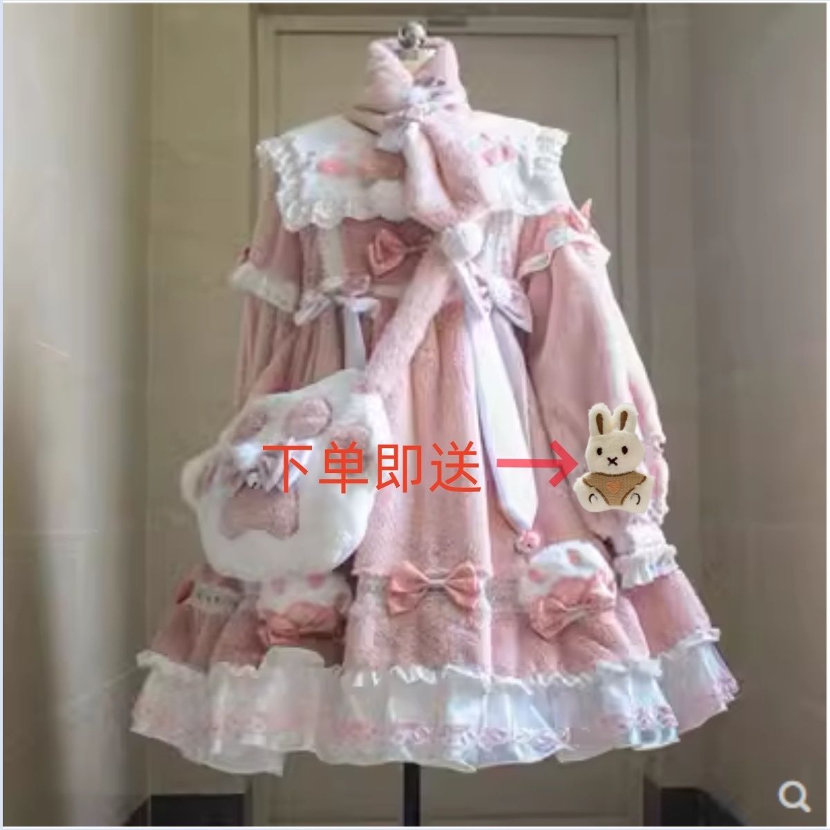 新款正品小奶喵猫毛绒OP冬款长袖加厚Lolita洛丽塔连衣裙可爱套装