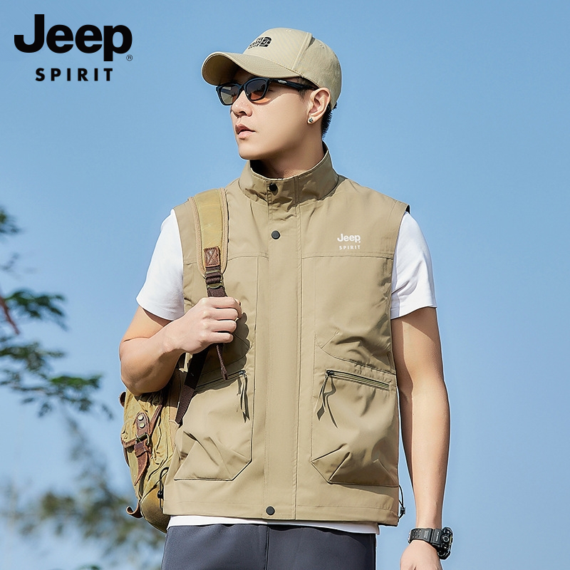 吉普春夏季男士户外多口袋马甲立领防风速干钓鱼摄影背心外套