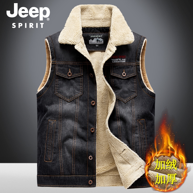 吉普秋冬季新款男装牛仔马甲宽松大码无袖坎肩背心多口袋马夹