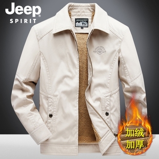 休闲中年水洗棉服男外套 加绒加厚保暖棉衣工装 吉普秋冬季 男士