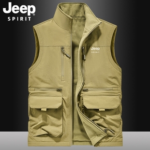 吉普双面穿加绒男士休闲无袖外套男装宽松多口袋工装摄影记者马甲