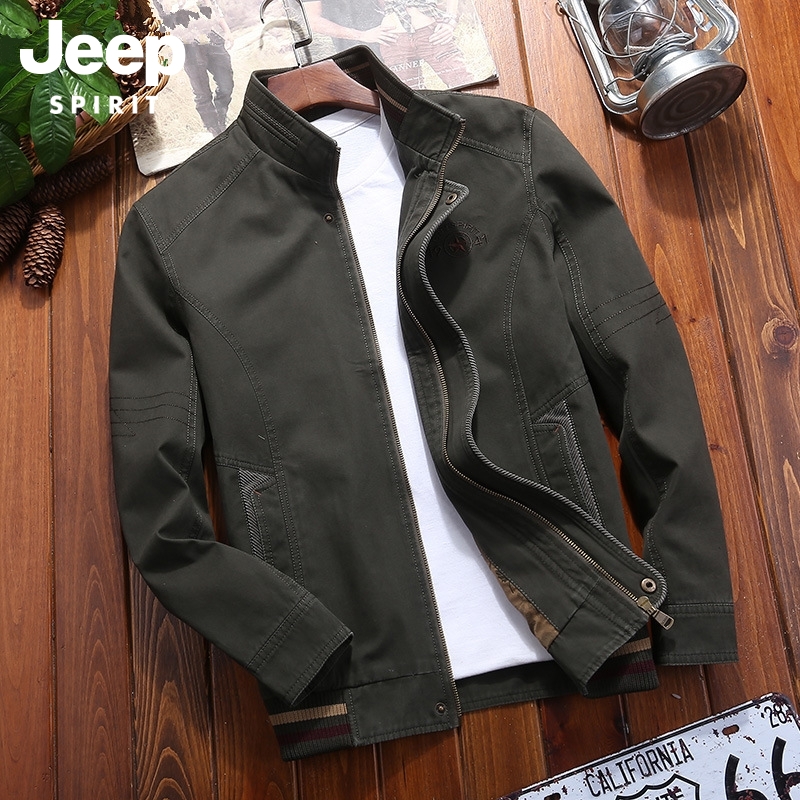 吉普秋冬季男士工装休闲夹克立领刺绣爸爸中年茄克衫上衣外套