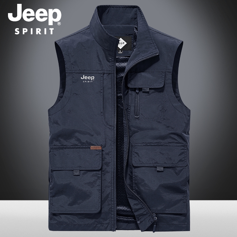 吉普春秋季男士立领透气网眼多口袋户外钓鱼休闲马甲工装背心