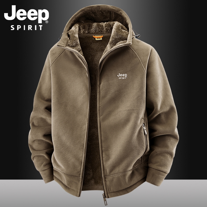 吉普秋冬款男士户外加绒保暖抓绒衣外套运动休闲奥粒绒连帽卫衣