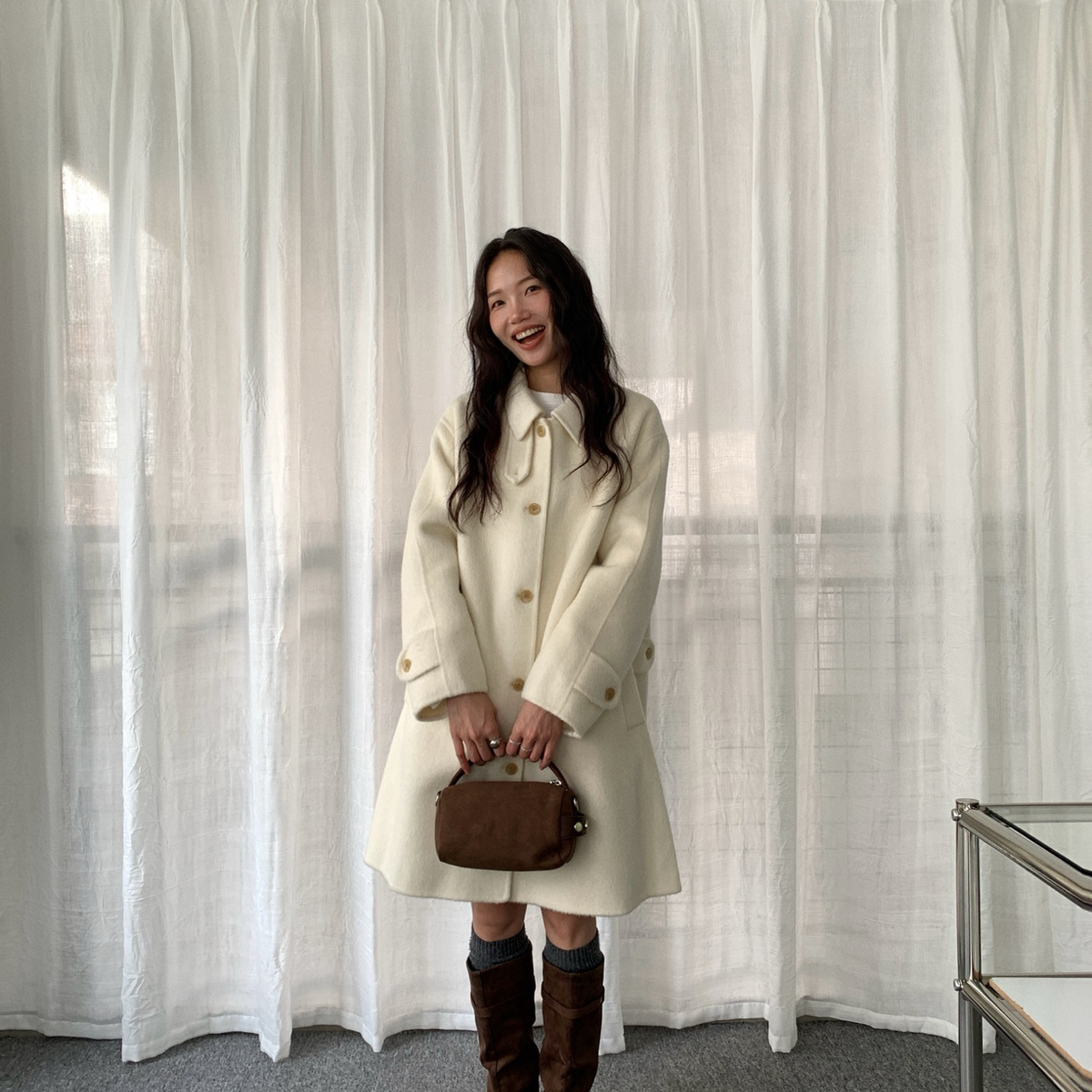 简约翻领中长款羊毛外套（含85羊毛）(15兔毛)不退不换