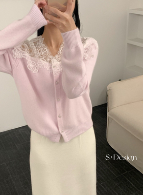 优雅甜美风浣熊肩膀重工蕾丝拼接毛衣(含28.9绵羊毛)