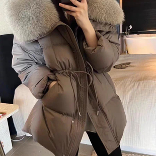 法式复古风抽绳收腰保暖羽绒服外套(配可卸真狐狸毛领）不退不换