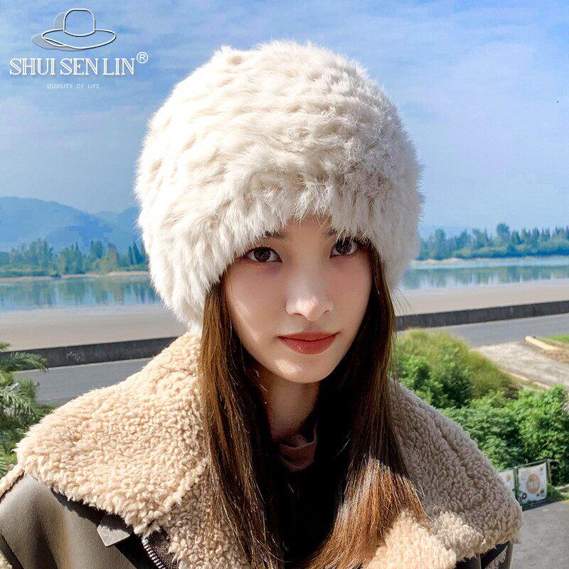 兔毛帽子女秋冬天款加厚保暖防寒毛线帽显脸小护耳毛绒包头皮草帽