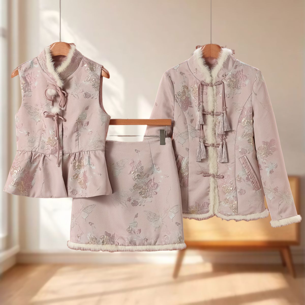 水貂毛【蕾】白鹅绒羽绒服短裙套装+马甲棉服组合262~冬季新款