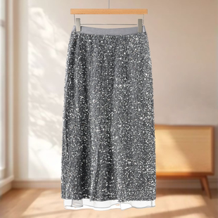 拼接雪纱珠片绒毛面松紧磨绒半身裙225 冬装 专柜539 文