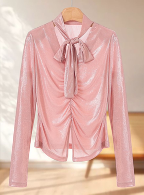 专柜539【莫Y】春装 V领系带收褶开叉甜妹套头衬衫034