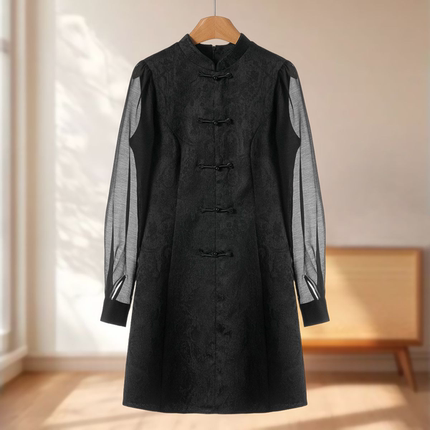 专柜699【桑S】冬装 立领刺绣新中式拼接袖修身连衣裙632