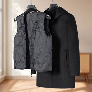 男装 58%绵羊毛【冰】冬装 羽绒马甲+连帽双面呢大衣两件套827