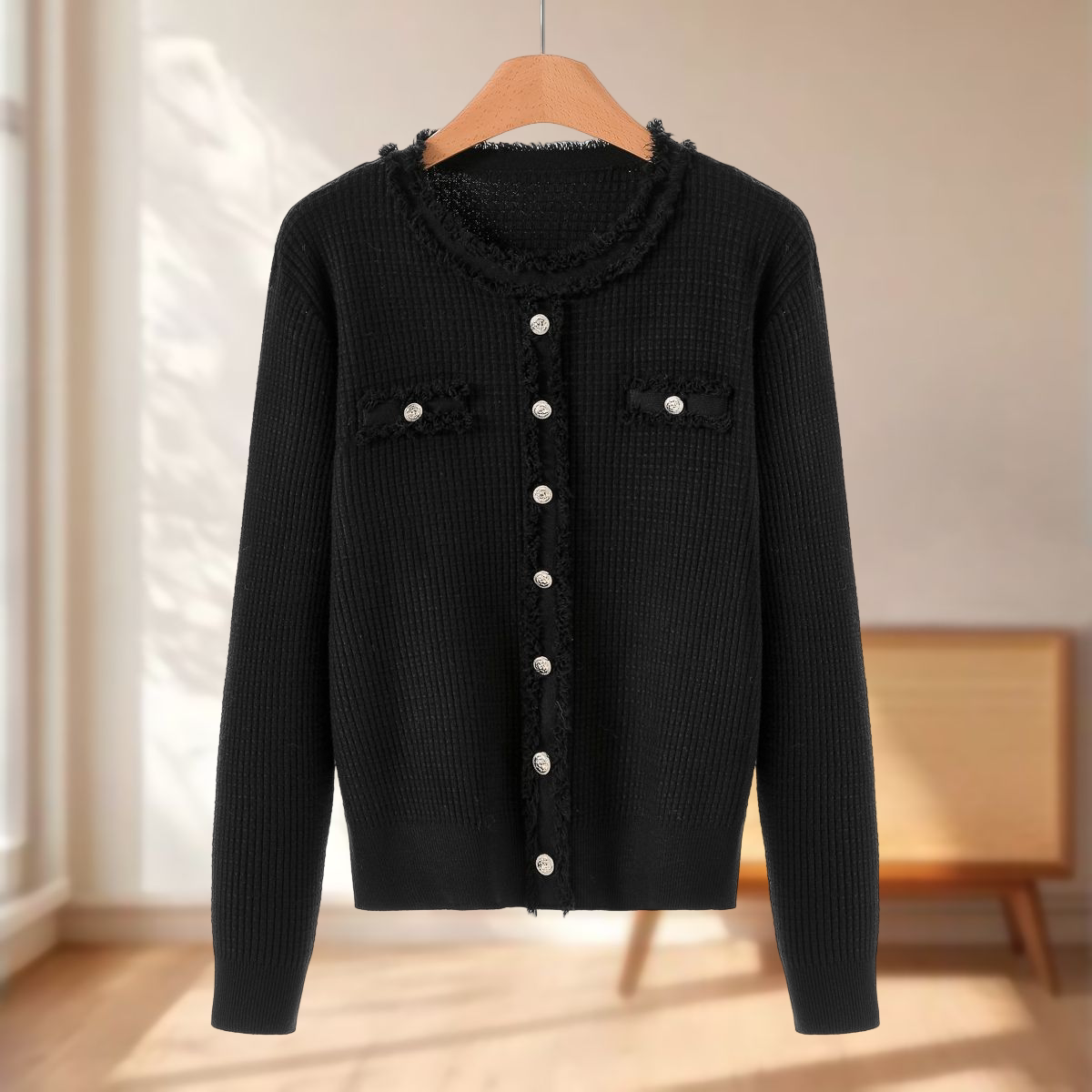 专柜599 30%锦纶【蕾】冬装 毛边圆领门襟假口袋套头针织衫758