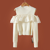 春季 专柜699 荷叶边拼接露肩绵羊毛针织衫 211 100桑蚕丝 莫