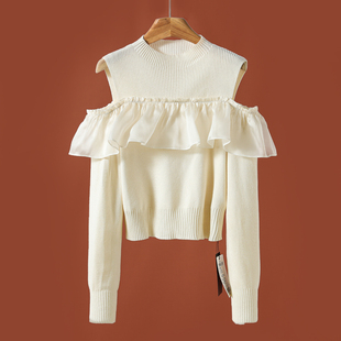 100桑蚕丝 春季 莫 211 荷叶边拼接露肩绵羊毛针织衫 专柜699