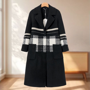 【奈】格子拼接西装领直筒开叉双面呢大衣931~冬季新款女装