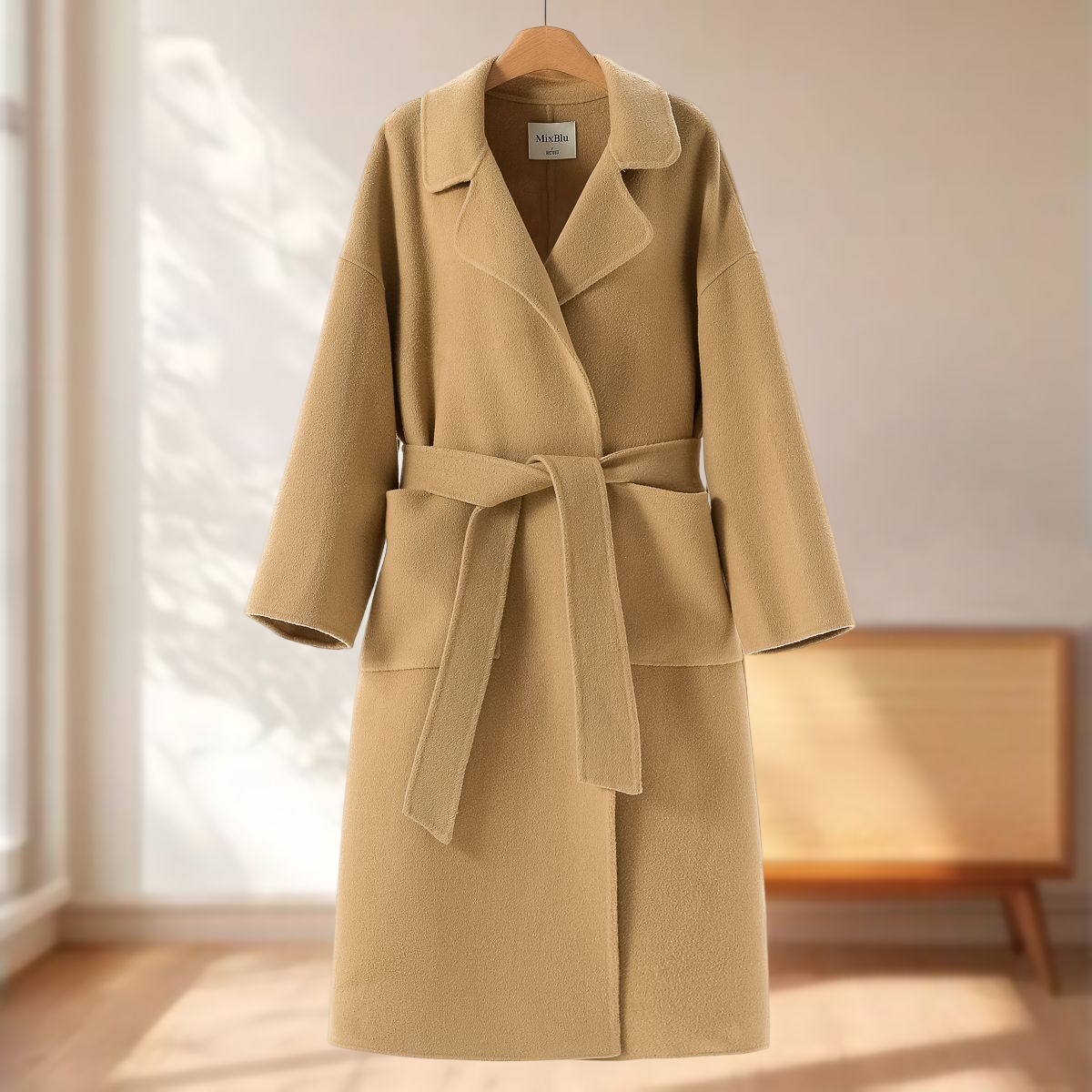 专柜2699 100绵羊毛【兰】冬装 无扣开衫方形袋双面呢大衣908