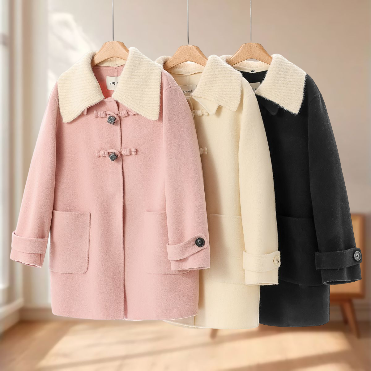 专柜1699【熠】冬装 水墨彩仿瓷方形扣针织领双面呢大衣009