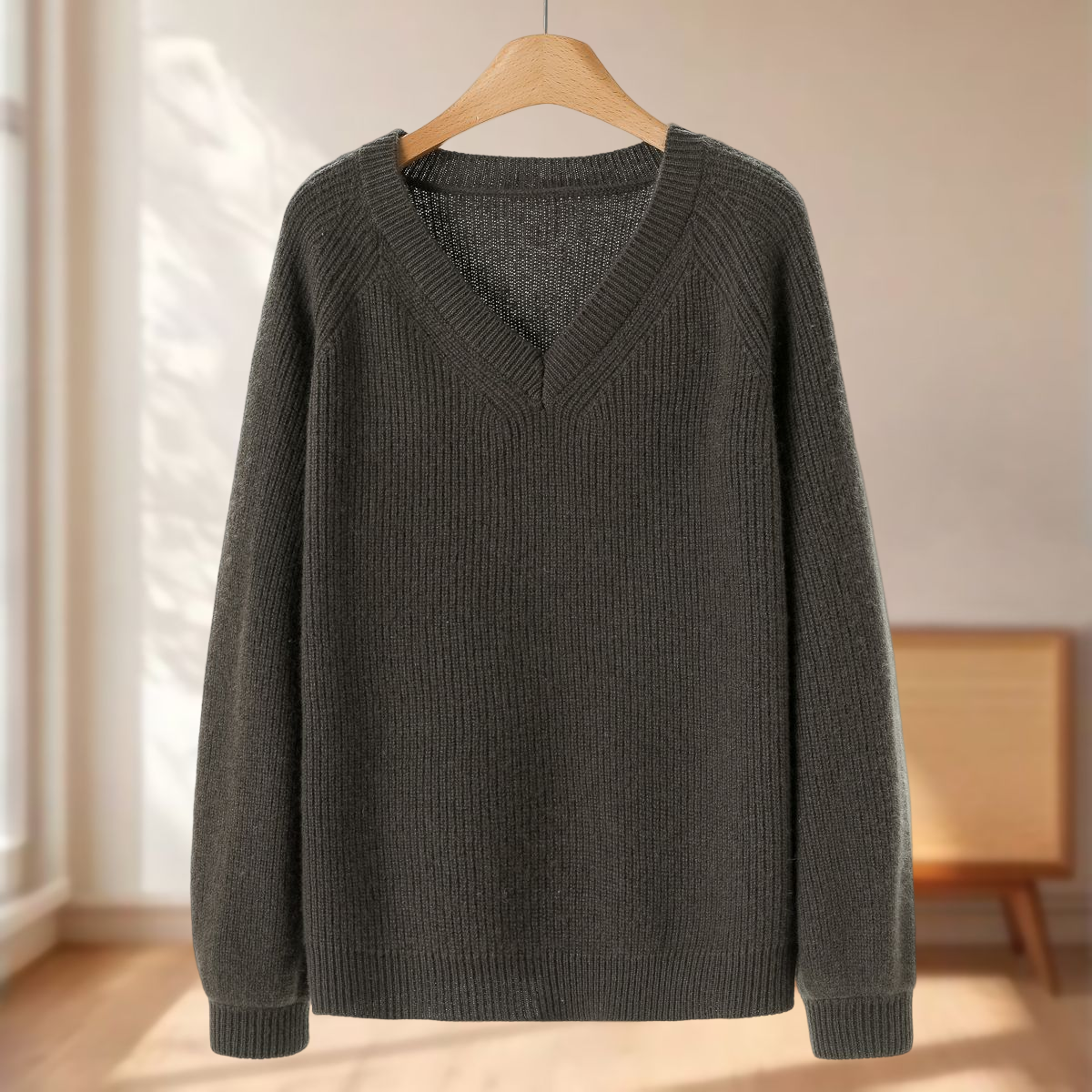 专柜699 100绵羊毛【兰】冬装 V领宽松慵懒插肩袖套头毛衣022