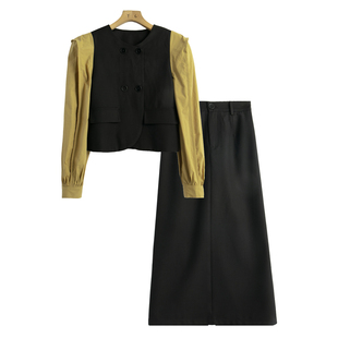 后腰松紧半身裙 拼接撞色上衣 套YM356 秋季 女装 新款 尹