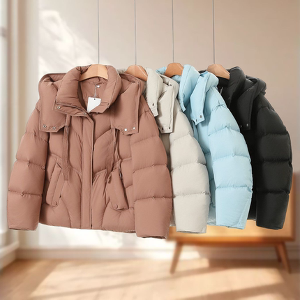 【歌L】束口防风袖立领连帽泡芙短羽绒服136~冬季新款女装