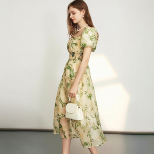 50%粘胶纤维【熠】夏 圆领套头绿花连衣裙上衣系列组合117~秋季新