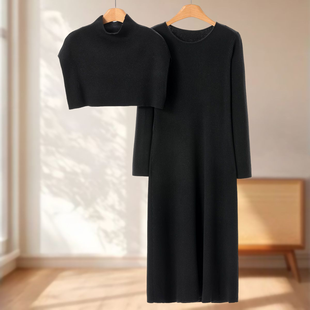 专柜1189 32%绵羊毛【TH】冬装 高领罩衫+针织连衣裙两件套199