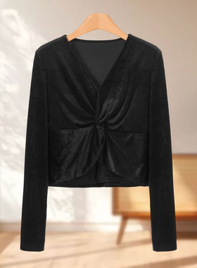 专柜699 63%三醋酯纤维【莫Y】春装 拧结V领丝绒短T恤411