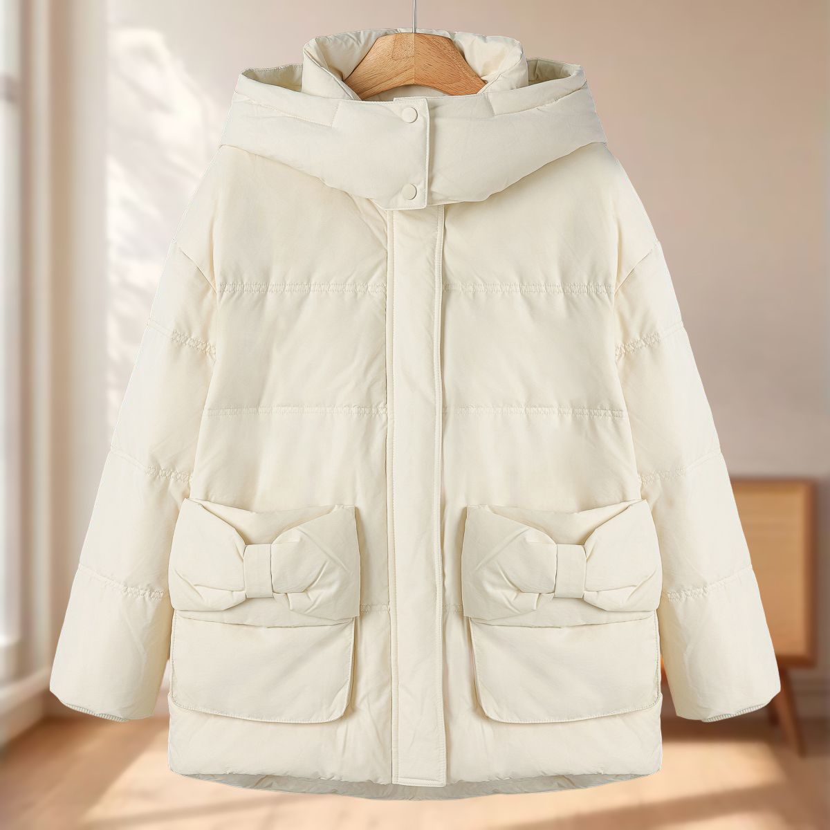 专柜1969【默】冬装 蝴蝶结口袋脱卸连帽羽绒服834