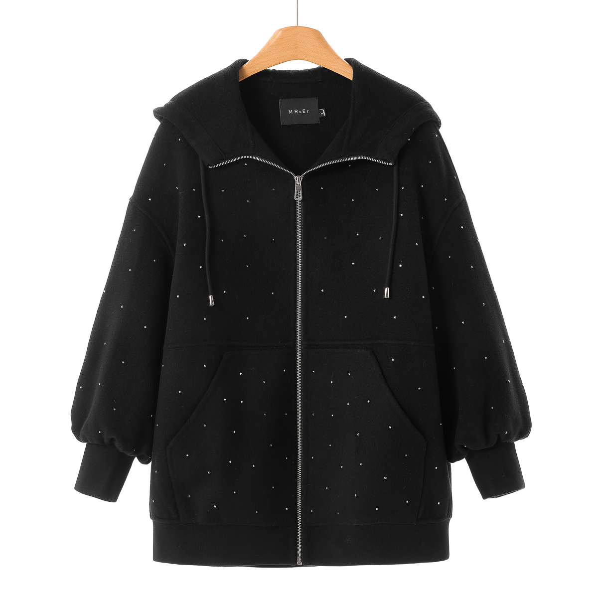 专柜1699 71%绵羊毛【莫Y】冬装 连帽灯笼袖烫钻双面呢大衣563