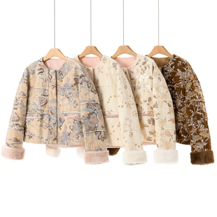 鹅绒服【申】重工水貂毛条袖丝绒刺绣国风羽绒服589~冬季新品女装